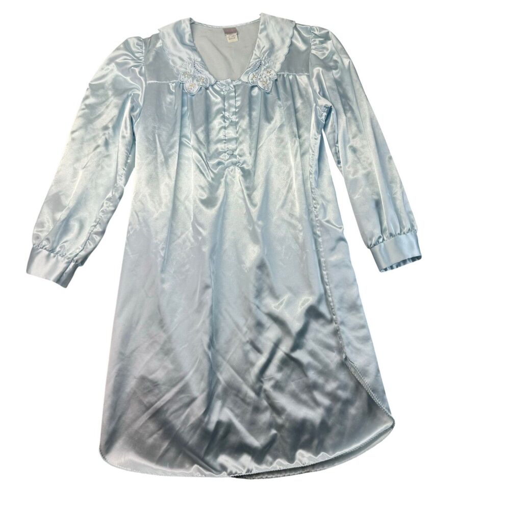 Merville Nightgown House Dress M Blue Long Sleeve Cottagecore Loungewear Vintage